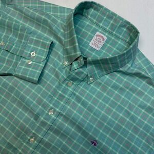 Brooks Brothers Plaid Button Down Shirt Green Purple Men's XXL Long Sleeve